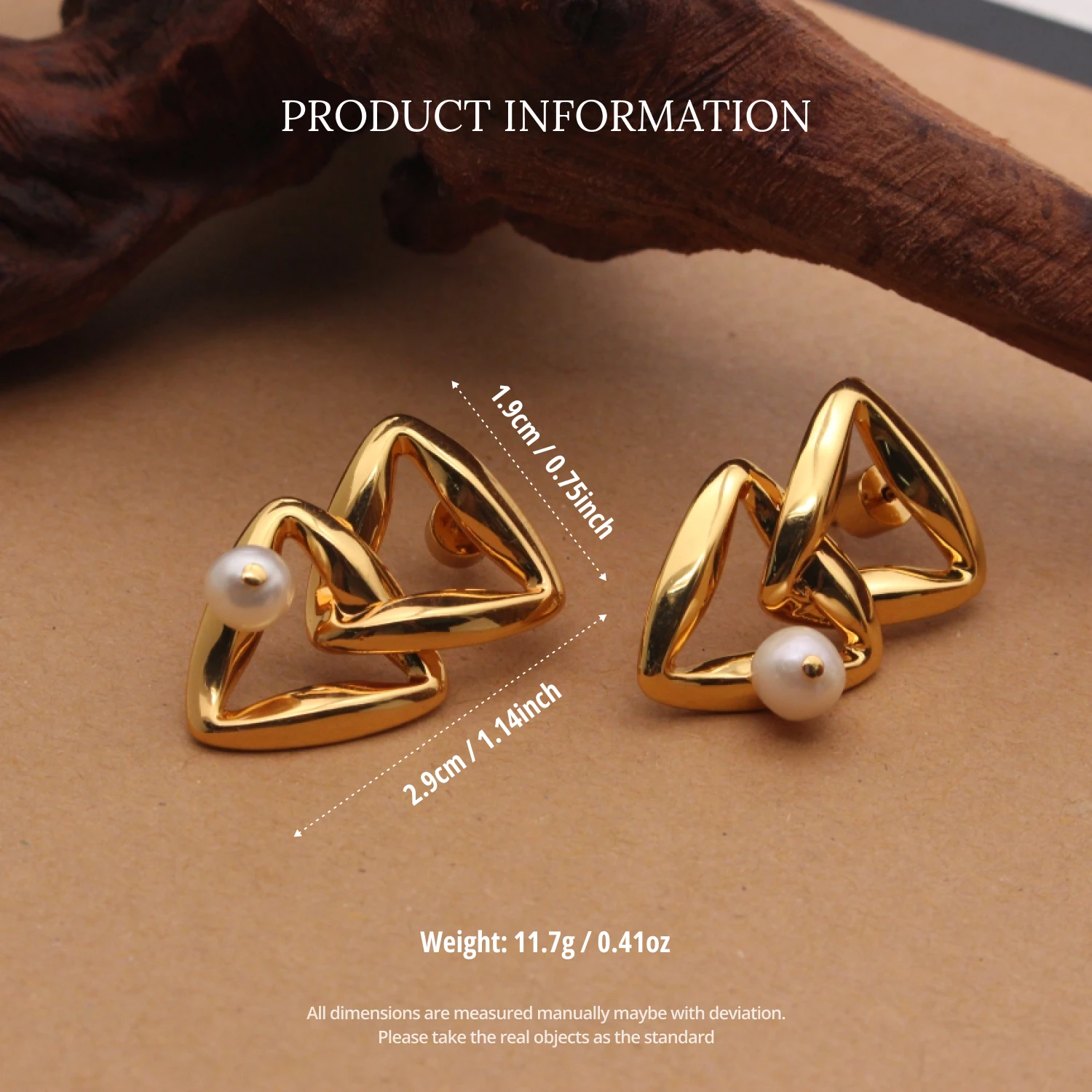 Double Triangle Earrings with Natural Pearl–Luxurious 24K Gold Plated Jewelry Best Gift for Women & Friends Geometric Jewelry