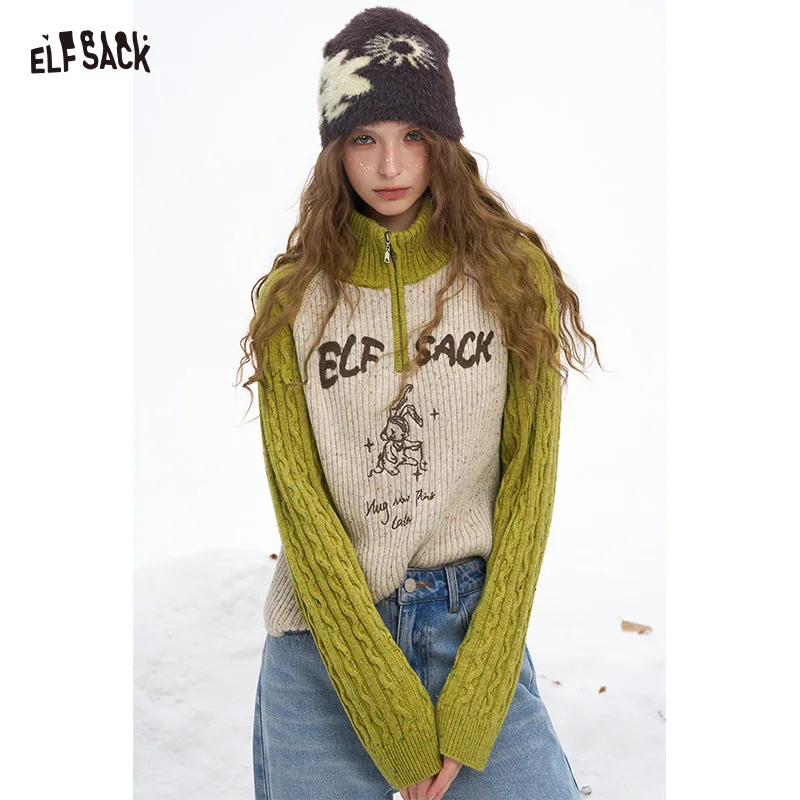 

ELFSACK 2025, зимние новые поступления Y2K, повседневный трикотаж в консервативном стиле с графическим рисунком и высокой горловиной, полумолнией, цветных блоков для женщин