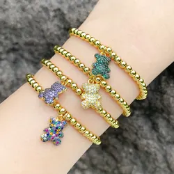 FLOLA Cute Green Crystal Bear Bracelets for Women Copper Gold Plated Beads Chain Elastic Bracelets Simple Jewelry Gifts brta83