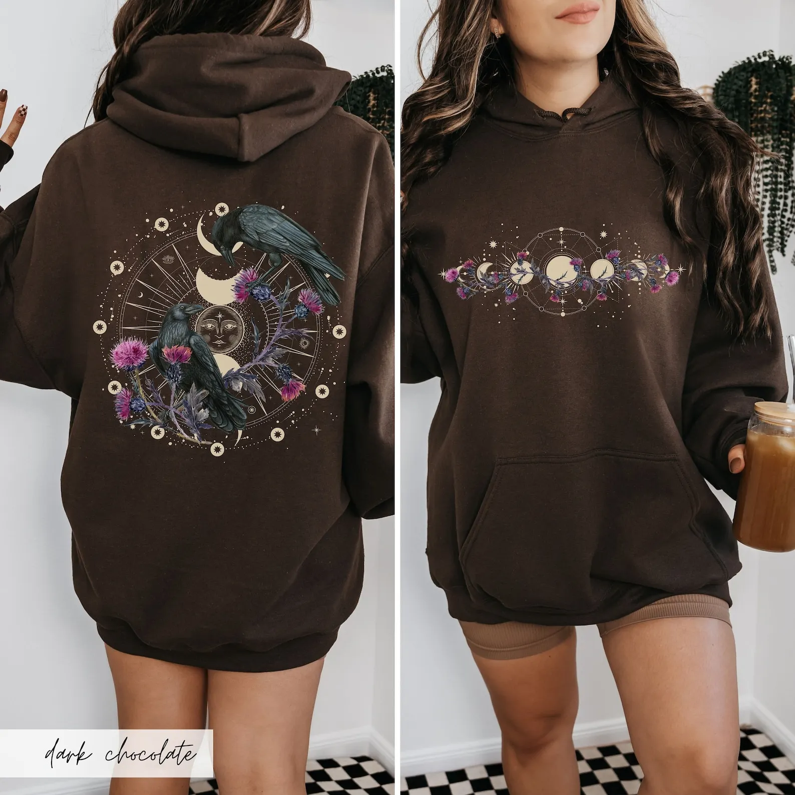 Unisex Y2K Loose Dark Academia Pullovers Vintage Celestial Ravens and Thistles Hooded Sweater Moon Phase Whimsigoth Crow Hoodie