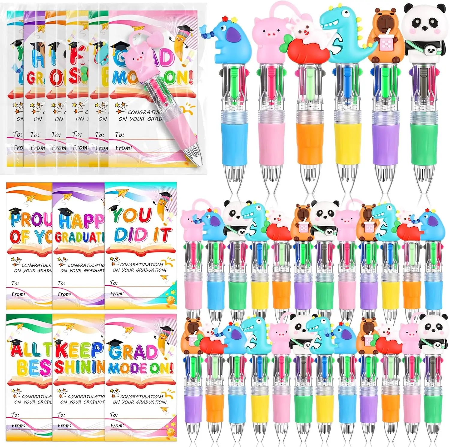 

Crtiin 24 Sets End of The Year Gifts from Teacher, Animals 4-in-1 Fun Ballpoint Pens with Positive Cards, Cute Pens Student Gift Bulk for Classroom Prize Office School Gift Exchange