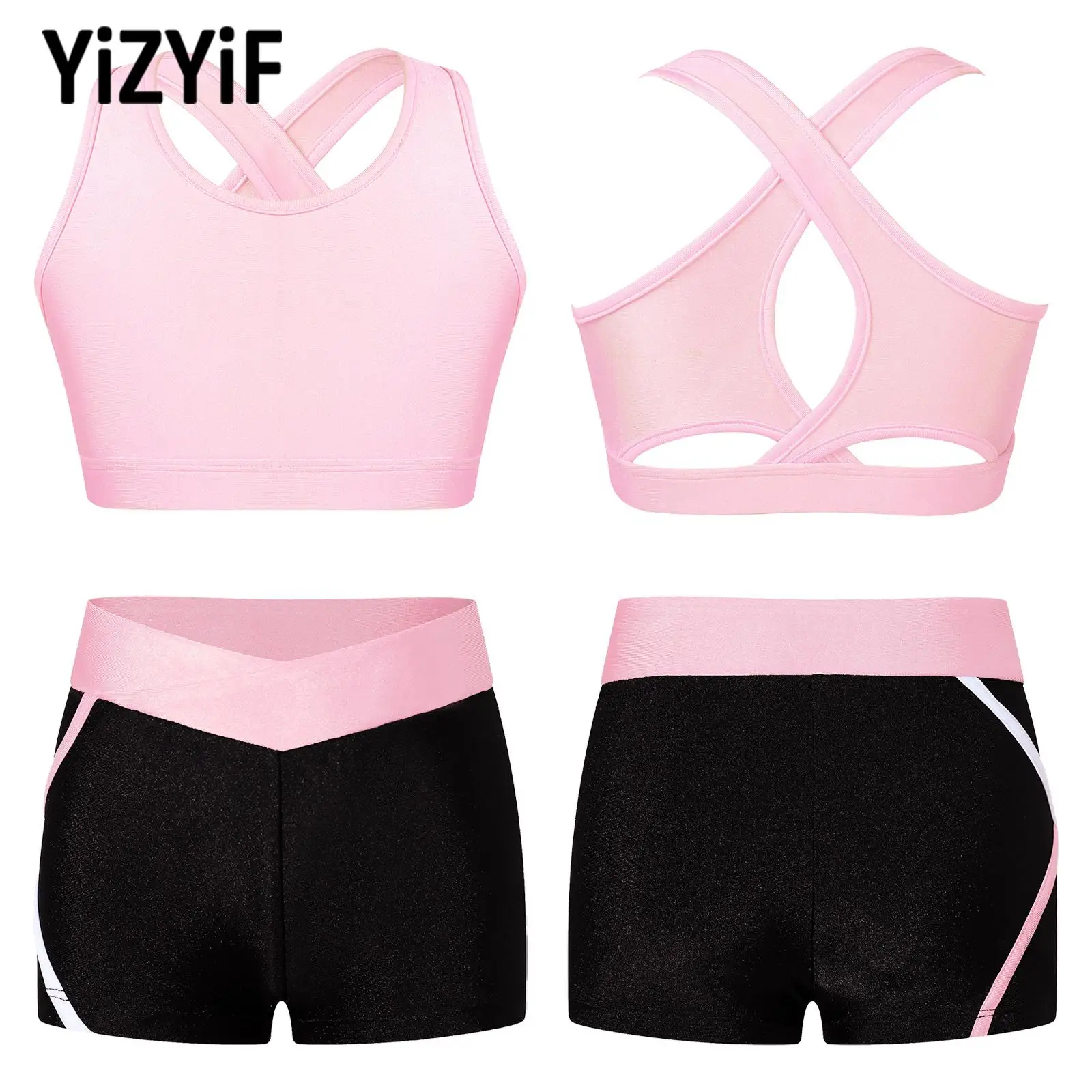 Kids Girls U Neck Shoulder Straps Cross Tank Top with Sport Shorts for Swimming Dance Yoga Set Running Gym Workout