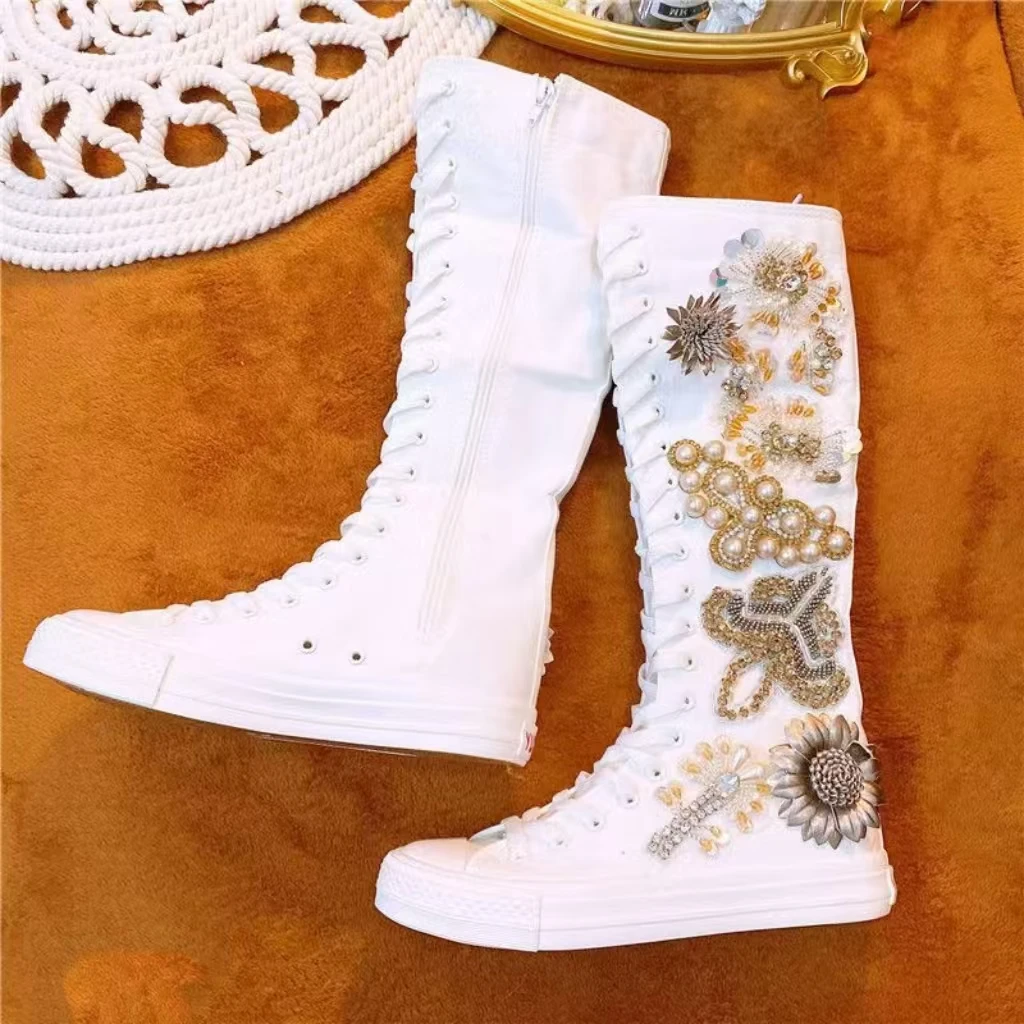 Heavy industry flower tassel beaded rhinester lace-up flat canvas shoes handmade custom tall white slim boots 35-39