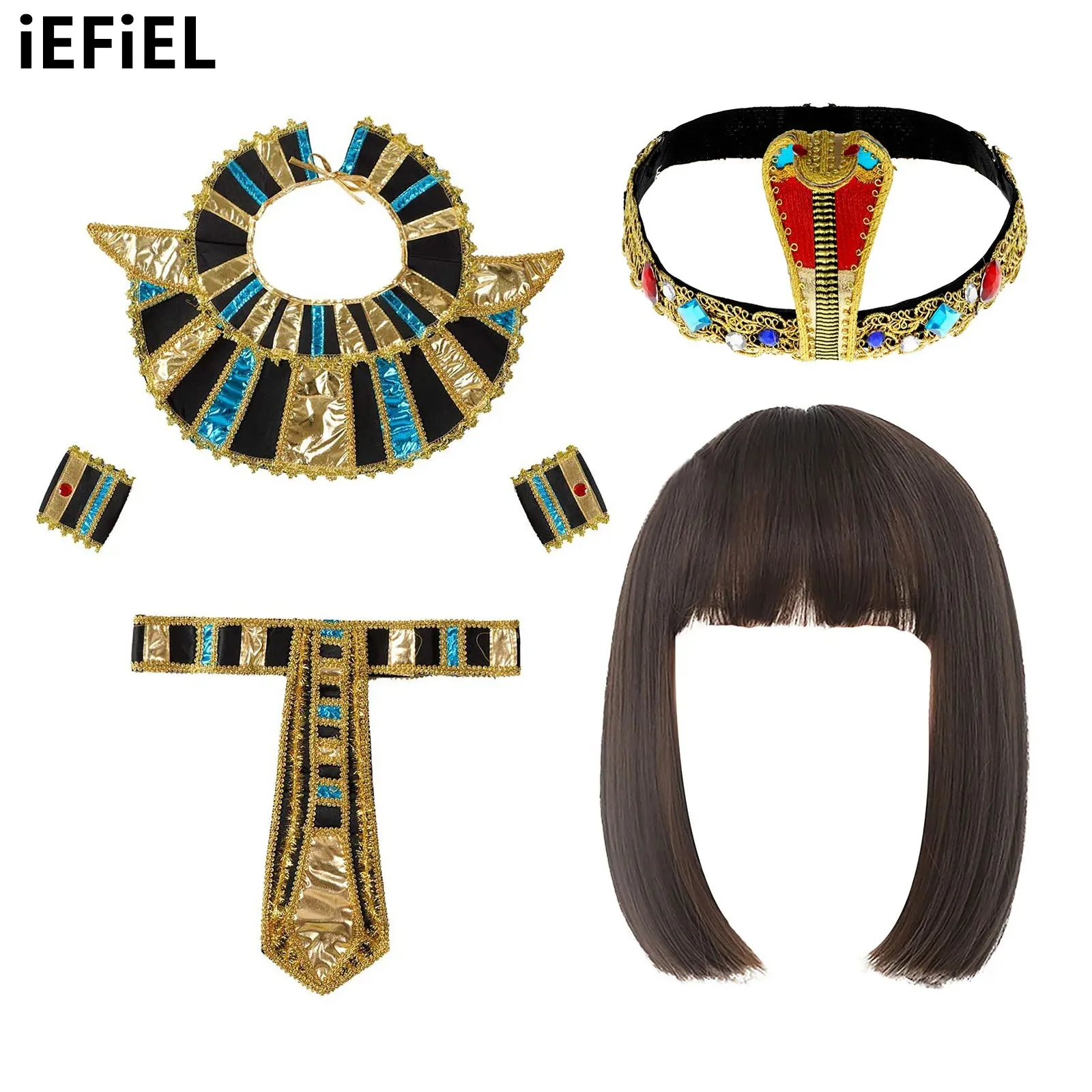 

Egyptian Pharaoh Cosplay Accessories Set Cleopatra Party Bob Wigs Headband Neck Collar Waist Belt And Wristband for King Queen