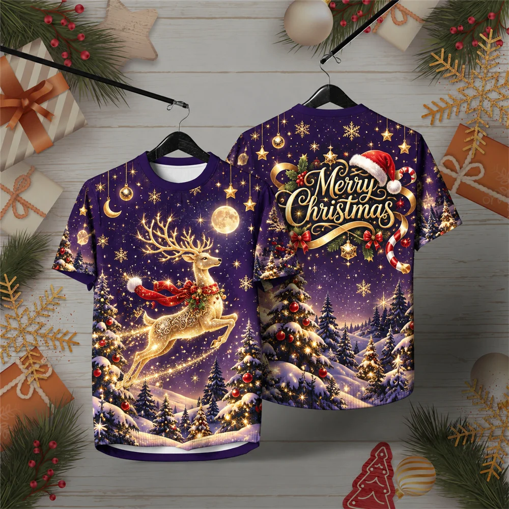 Christmas Snowman and Holly Wreath Graphic T Shirt for Men Microfiber Short Sleeve Casual Tee with Festive Stars and Presents