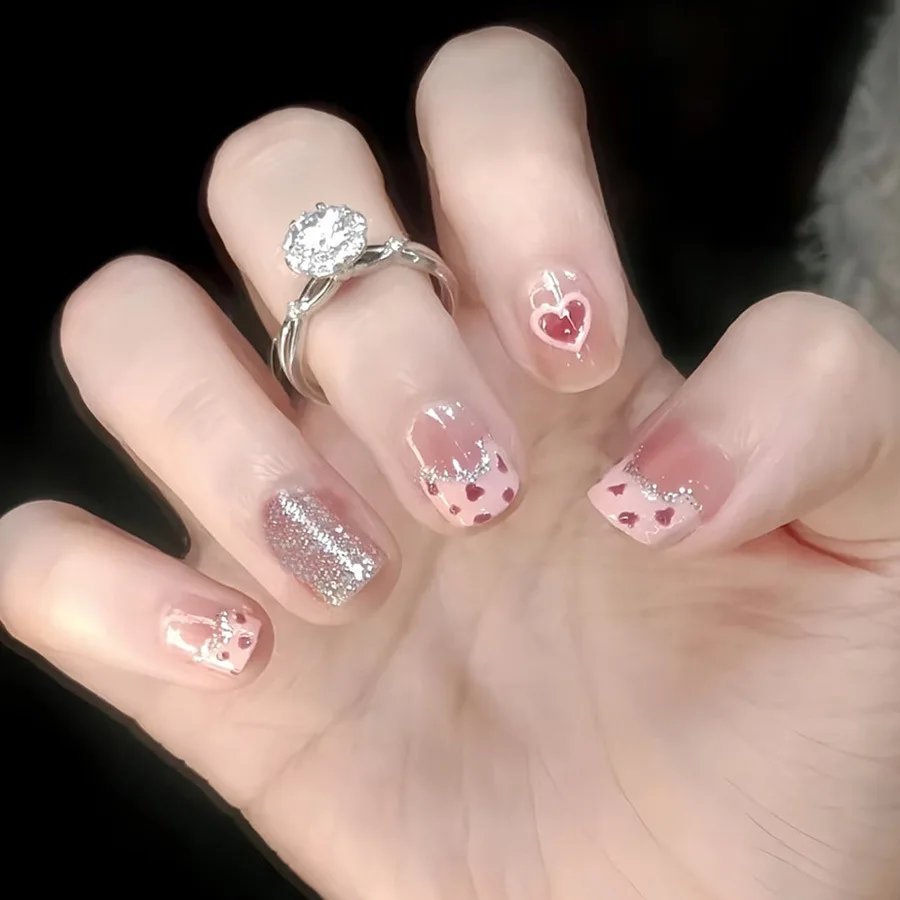 Short Medium fake nails for women girls gradient red pink heart for Valentine's Day sparkling tips press on false nail art set