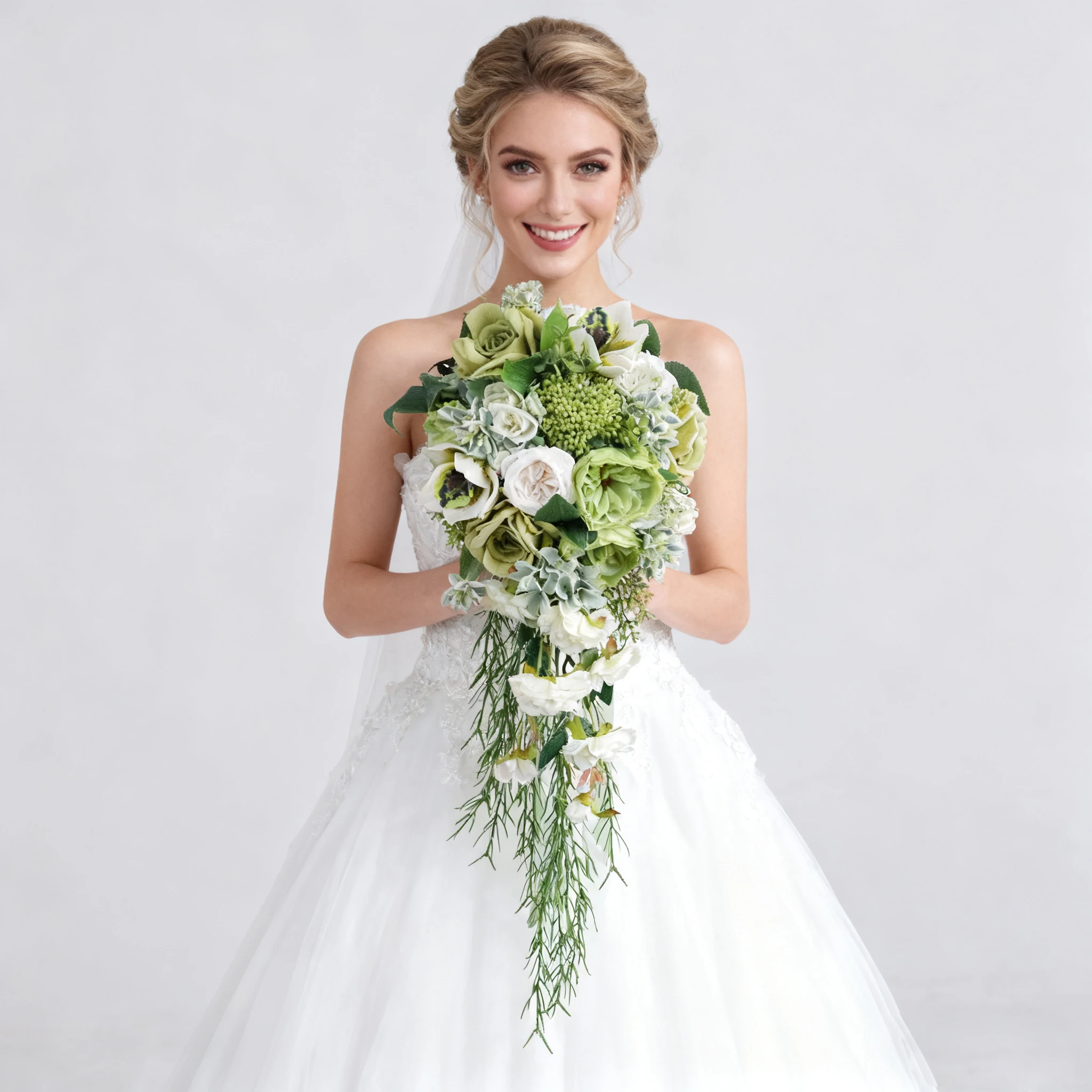 

Green Wedding Bridal Bouquet, Bride Artificial Rose Flowers with Ribbons, Bridesmaid Fake Flower