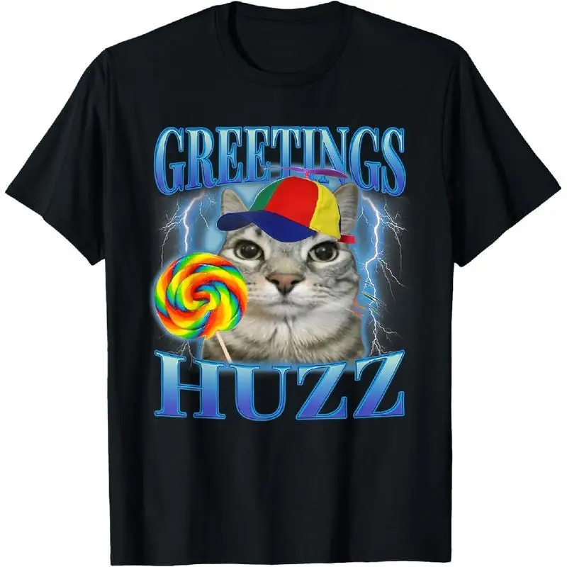 

100% Cotton Lollipop Cat Meme Greetings Huzz Funny Silly Cats Brainrot T-Shirt Graphic T-Shirts Casual Outfits Alternative Fabri