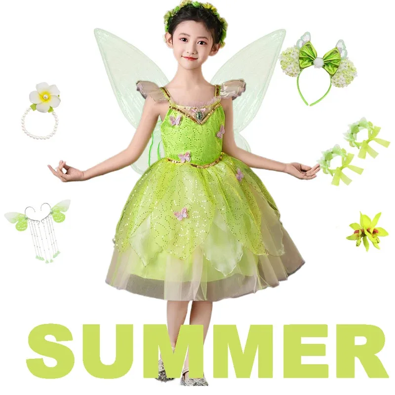

Elf Tinker Bell Girl Dress Kids Forest Frog Princess Gown Tiana Costume Stage Performance Clothes Dress+Wings+Magic Stick