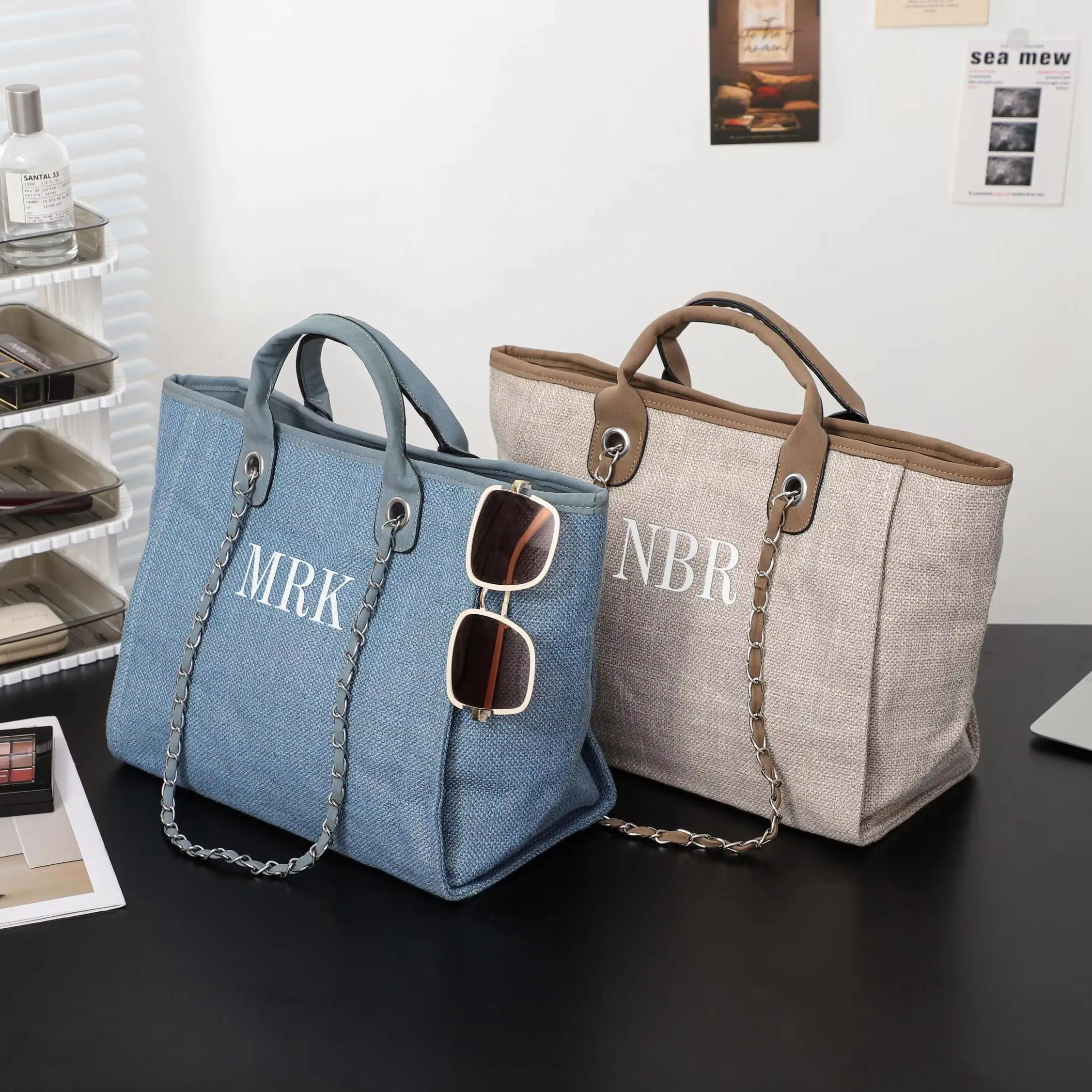 Bolso de Lona Personalizado con Cadena, Bolso Tote con Iniciales Personalizadas, Bolso de Hombro con Cadena para Playa, Vacaciones, Viajes, Regalos para el Día de la Madre, Regalo para Despedida de Soltera