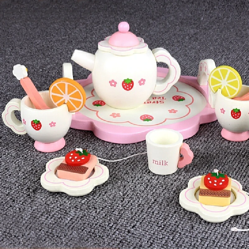 Simulated Tea Set Set White Strawberry Girl Wooden Playing House Puzzle Mini Kitchen Toys Kids Christmas And New Year Gifts