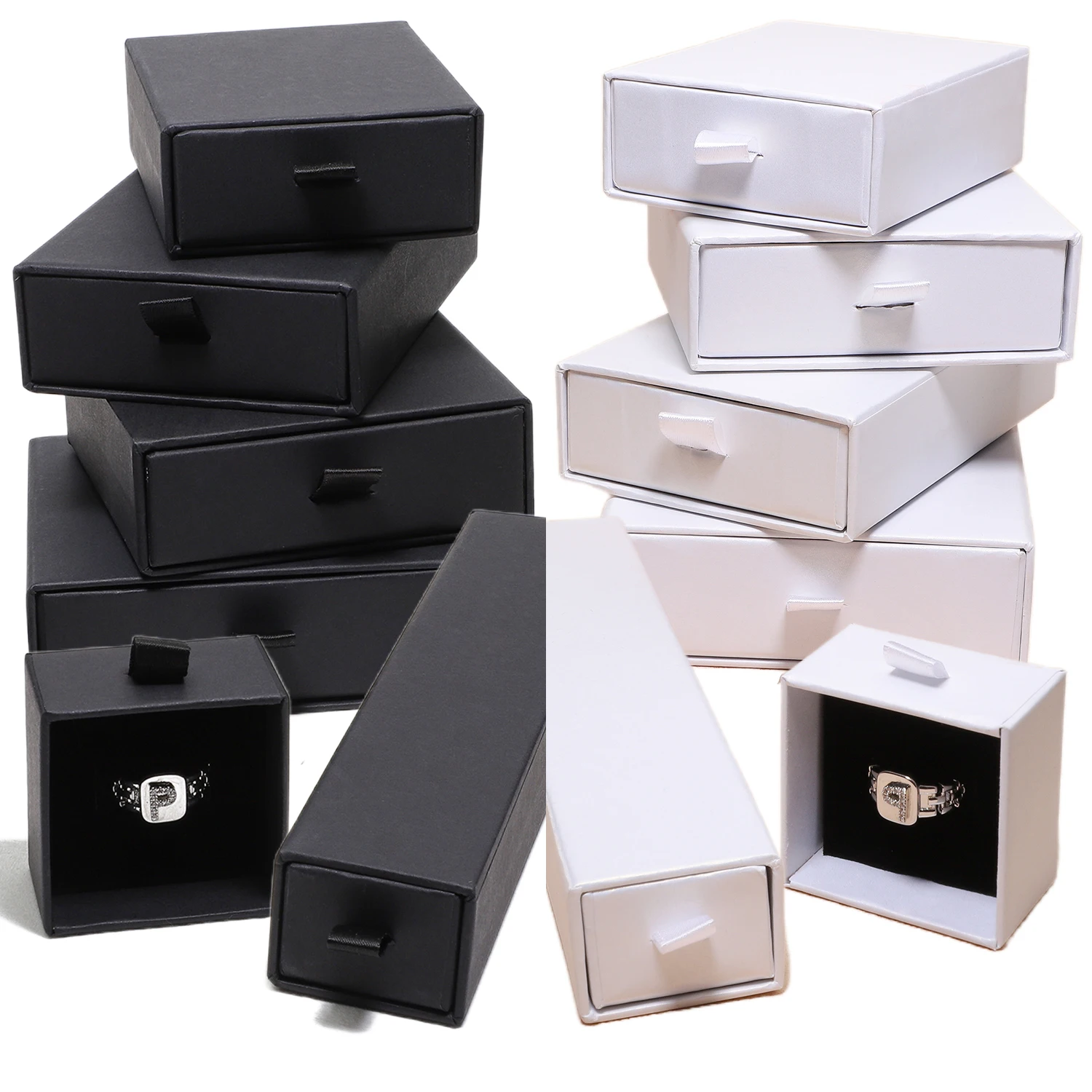 Black White Cardboard Drawer Jewelry Display Box Necklace Brooch Earing Bracelet Storage Packaging Stand With Ribbon Rope Sponge