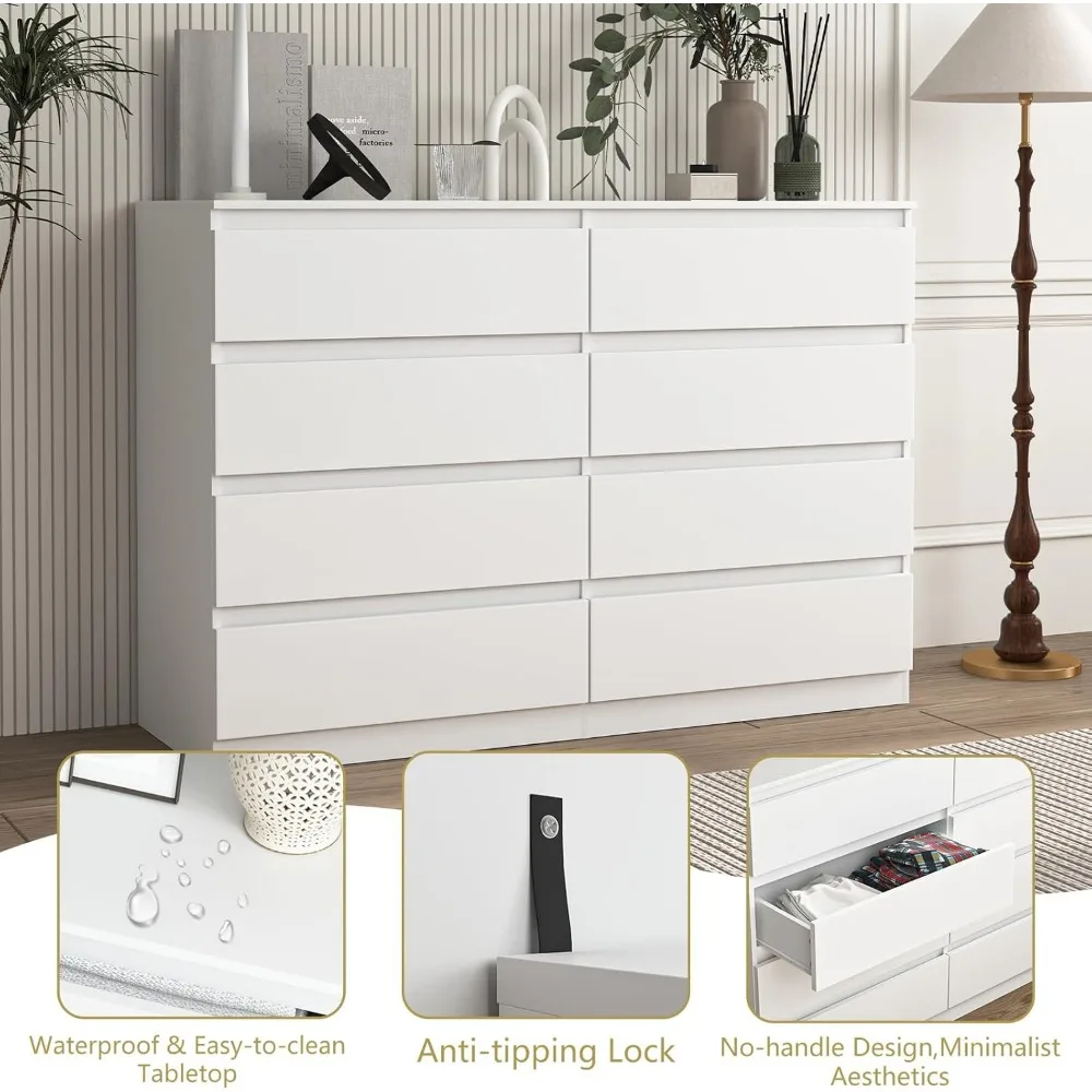 Contemporary Large 8-Drawer Bedroom Dresser with Ample Deep Storage for Wood Furniture