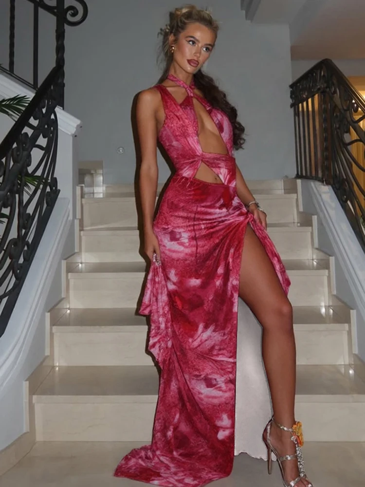 kliou Onregelmatige Uitgesneden Vrouwen Maxi Jurken Sexy Tie Dye Halter Lage Hals Hoge Split Bodycon Mode Zomer Feest Festival Japon