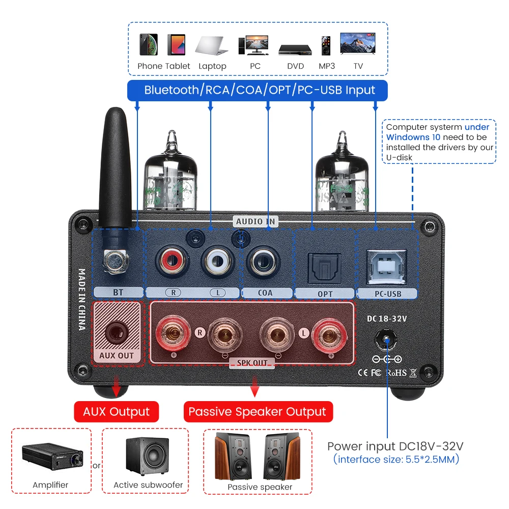 Imagem -04 - Aiyima-amplificador de Tubo Bluetooth Hifi t9 Pro Dac Usb Coaxial Opt Estéreo Amplificador Doméstico com Medidor vu 100w x 2