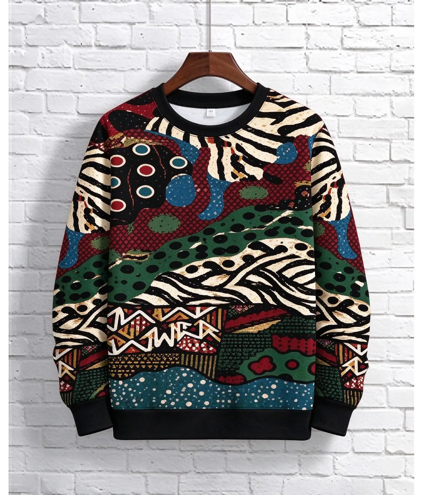 Men Crewneck Sweatshirt, Abstract Animal Stripe Geometric Print Polyester Pullover Casual Top