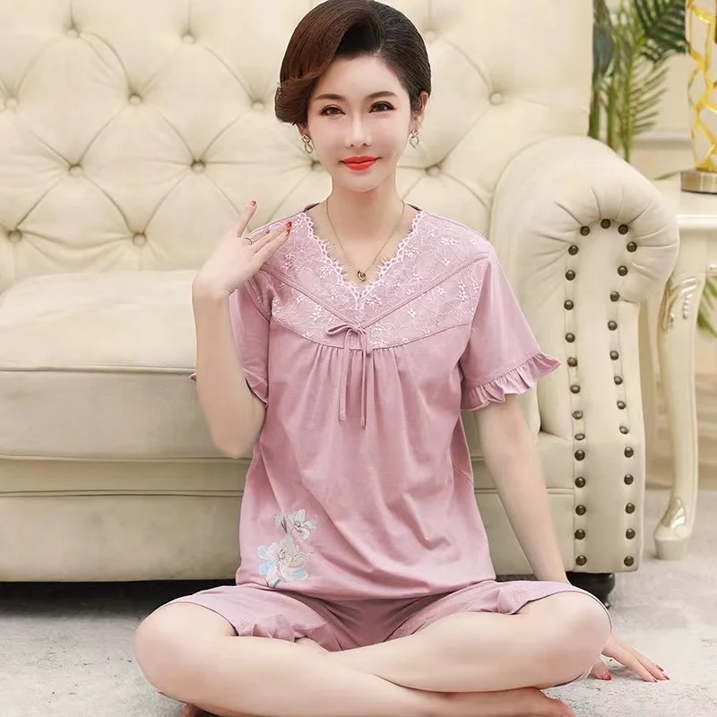 Fdfklak New Cotton Pajamas Ladies Summer Middle-aged Dlderly Short-sleeved T-shirt Cropped Pants 4XL Big Size Home Service Suit