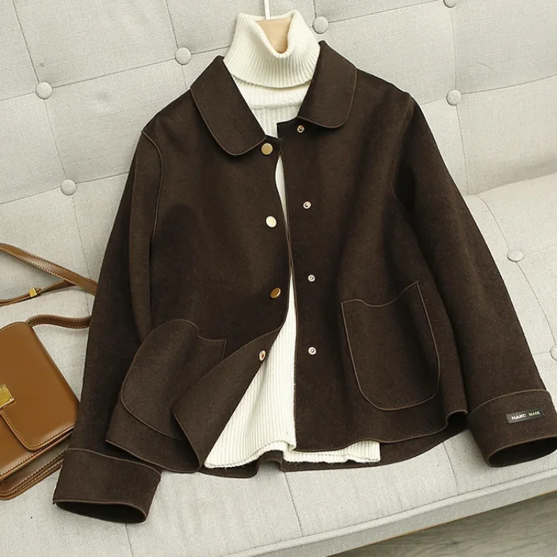 

Spring Double-sided Woolen Coat Wool Coats Women Jacket Short Blends Warm Comfortable Stylish Hand Made Solid Lapels Straight