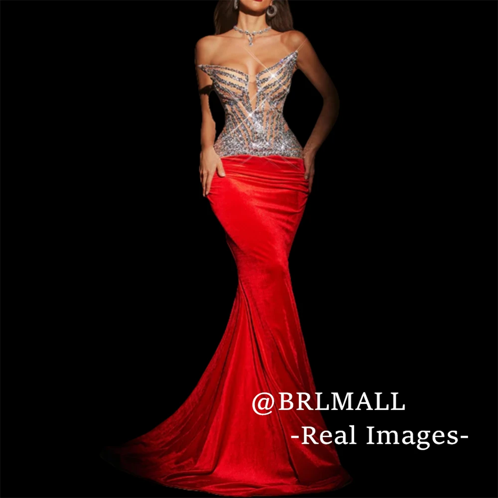 

Strapless Velvet Prom Dress Women Silver Beaded Sheath Formal Evening Dresses Real Photos BRLMALL Party Gown Wedding Guest Dress