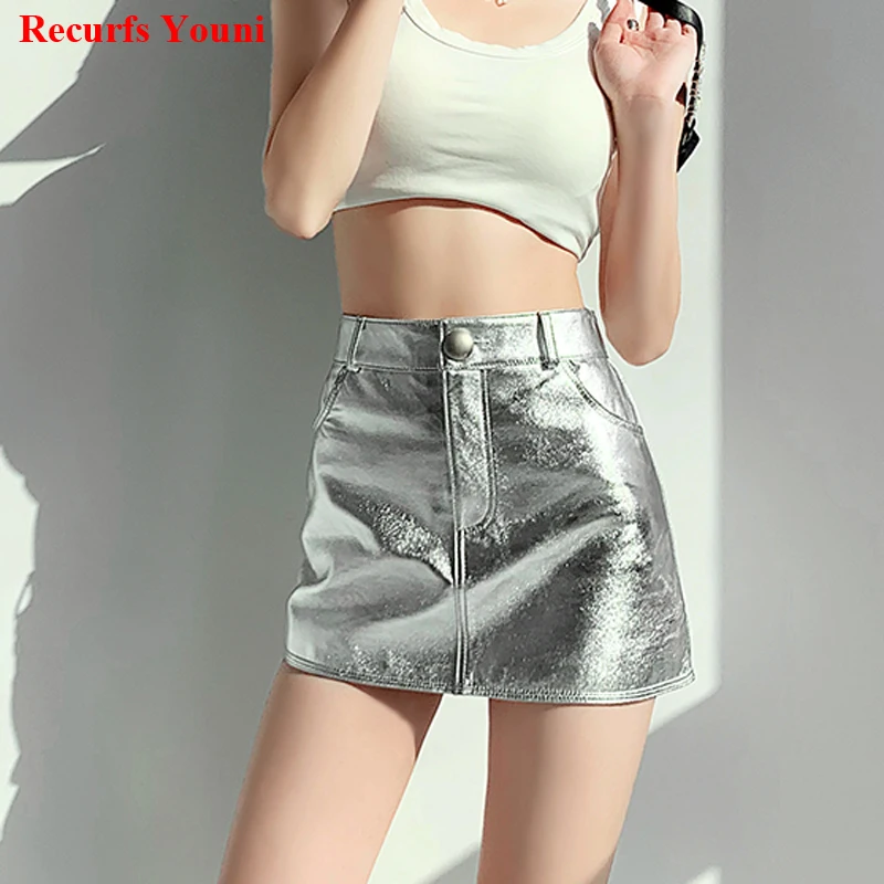 

Korean Fashion Hot Mini Skirt Women High-End Metallic Silver Golden Color Short Saia Hot Girl Genuine Leather Y2K Street Jupe