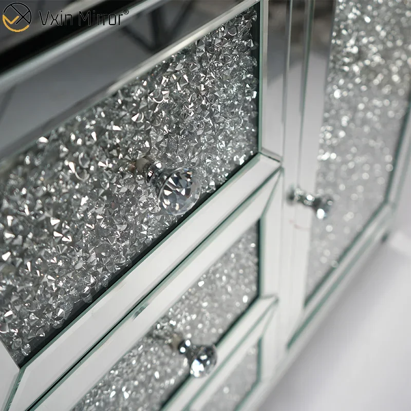 Silver Diamond Crystal Mirror Cabinet 7 Drawers