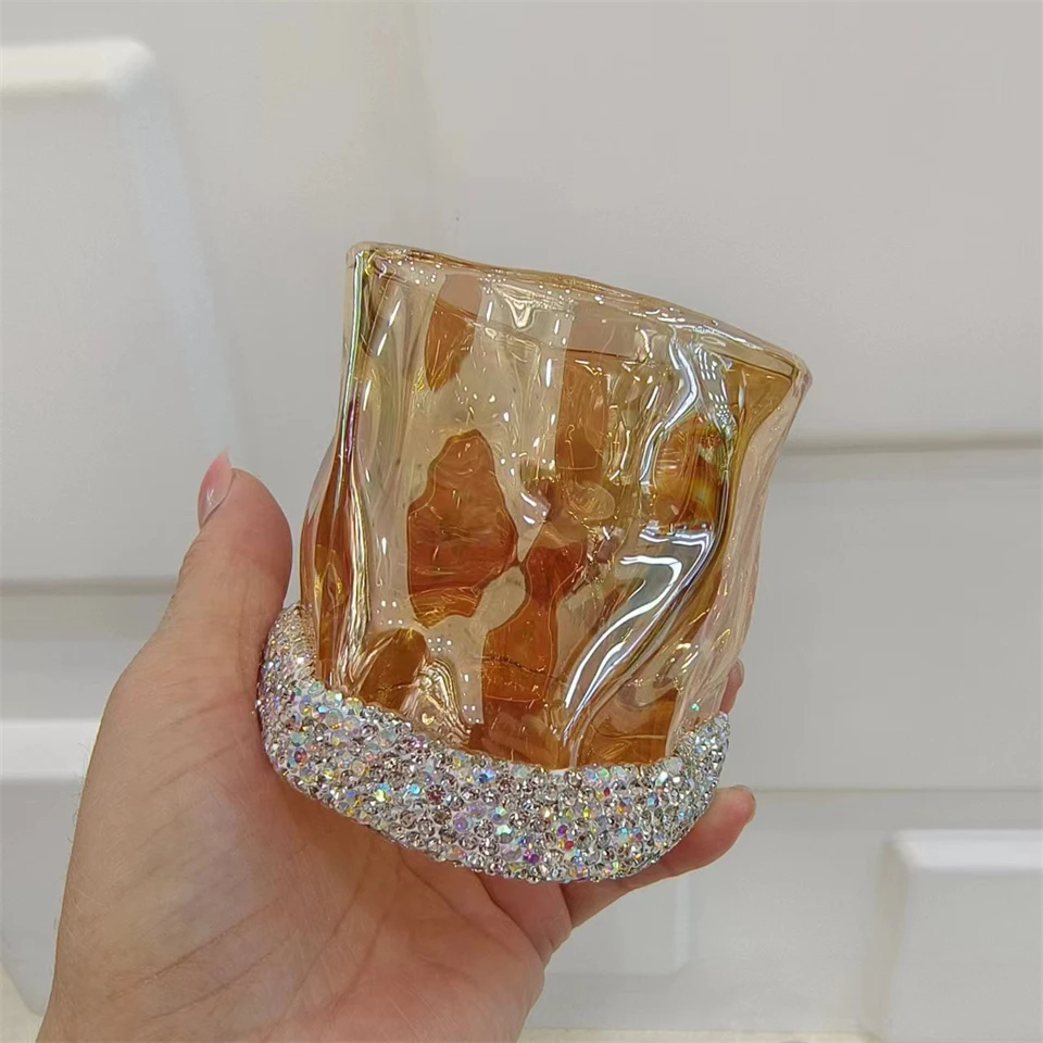 Glass Irregular Cups Creative Twisted Grain Cup with Rhinestones Abnormal Shape Frosted Transparent Whiskey Glass Wine Glasses