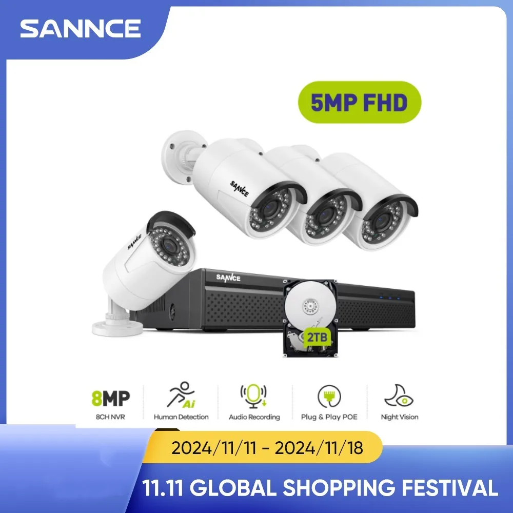 SANNCE 5MP POE Video Surveillance System Set 8CH 8MP NVR System CCTV Security Outdoor 5MP IP Cameras Surveillance Kit