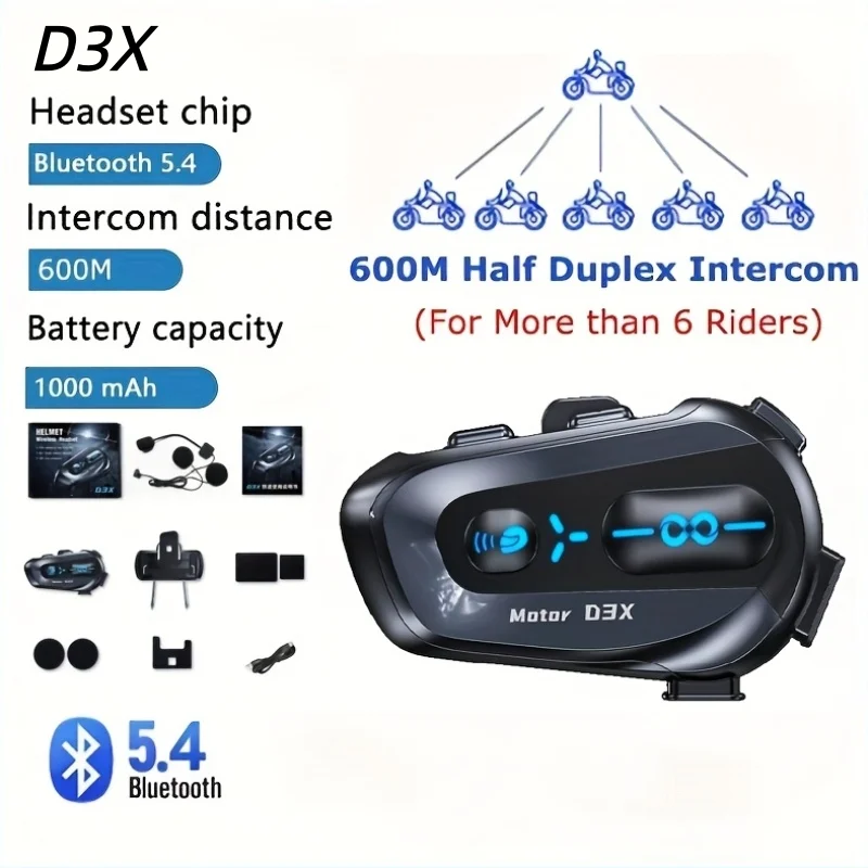 

D3X Motorcycle Helmet Intercom Bluetooth Headset IP56 Dustproof Waterproof Music Sharing Unlimited Number Of Interphone