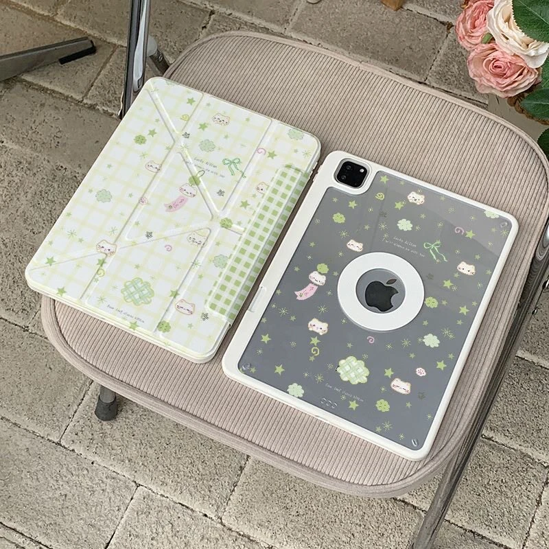 Ins Green Grid Stars Cat Cover For Magnetic Split iPad Pro 13 11th M5 M4 12.9 A16 10 8 7 9th 10th Air 11 M2 M3 Mini Tablet Case