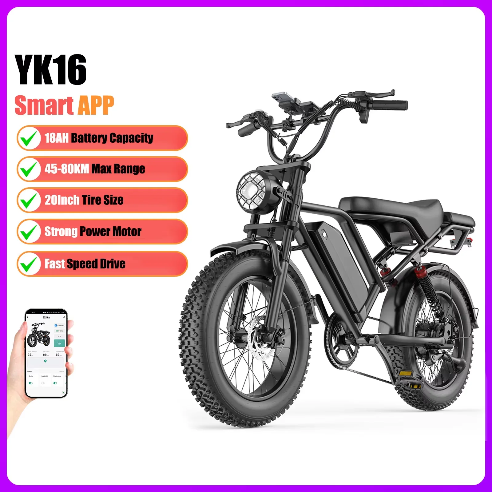 AOVOPRO YK16 Smart APP Ebike Speedy Ride 20 inch off-road opvouwbare elektrische fiets met 48V18AH batterijcapaciteit en dubbele schokdemping