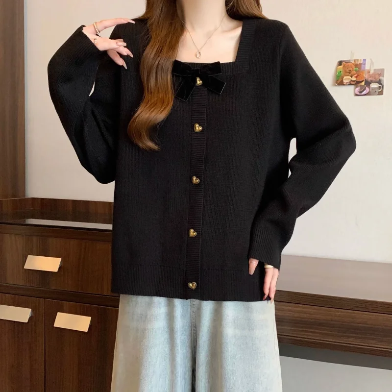 Autumn and Winter Bow-reducing Age-reducing Sweater Loose Base Square Collar Long-sleeved Top