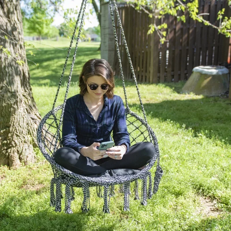 

-Equip Deluxe Outdoor Macrame Hammock Hanging Chair, Cotton Multi-Color, Size 31.5" L X 24" W Capacity 250l Stand