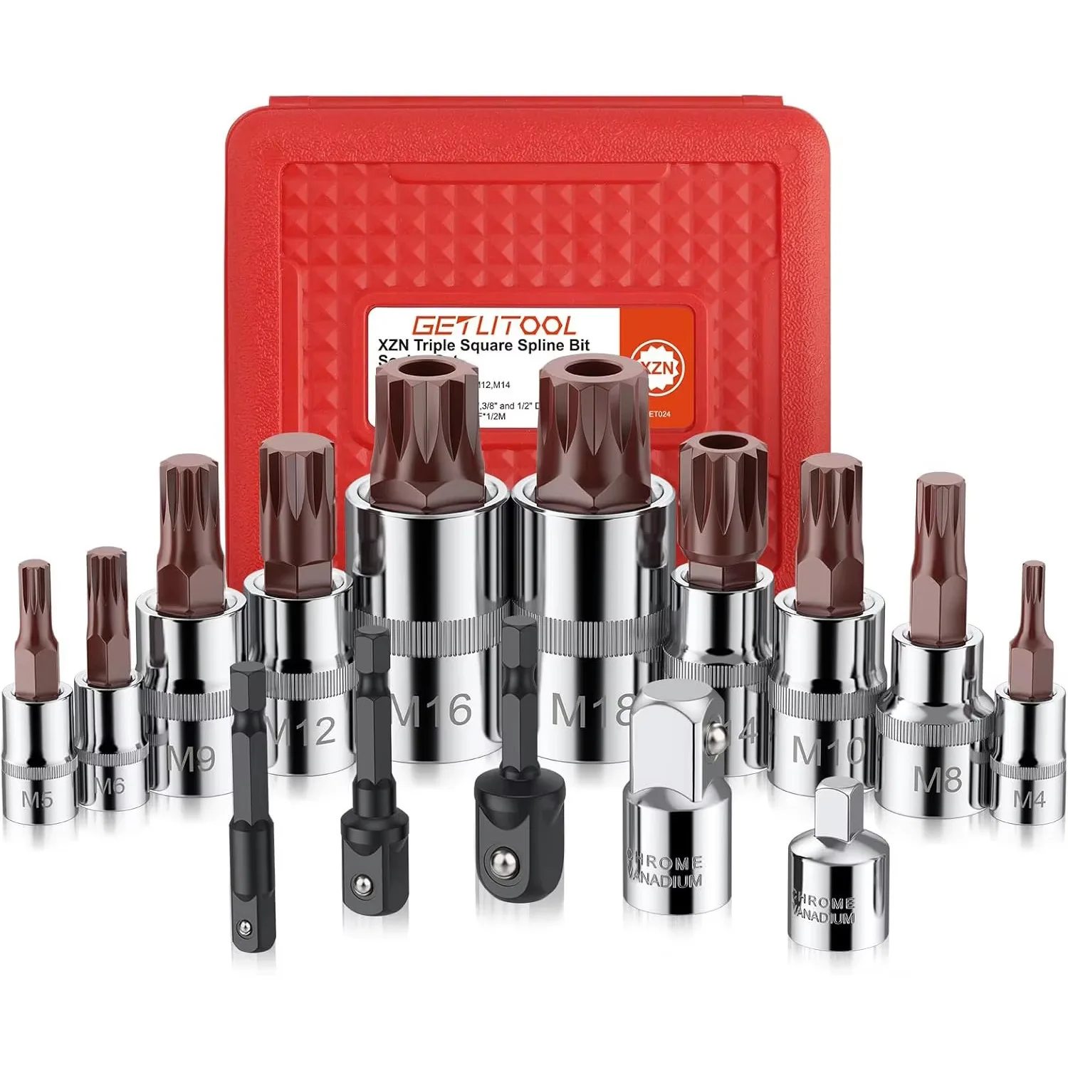 Jeu d'embouts à cannelures carrés triples XZN, durable, acier ltSteel, M4-M18 1/4 ", 3/8", 1/2 "Drive avec étui portable pour réparation de camion de voiture, 15 pièces