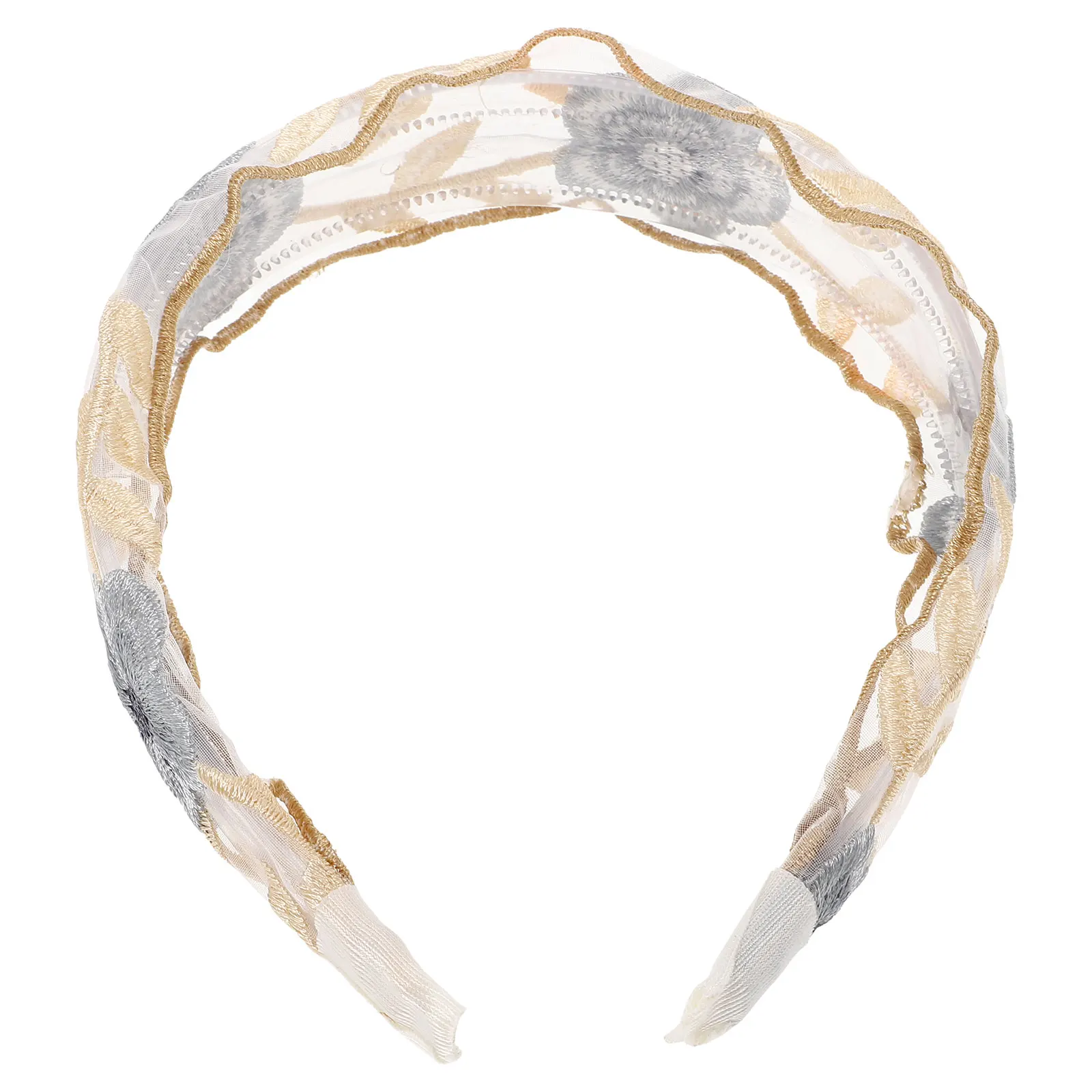 

2PCS Embroidered Flower Hairband Women Wide Tulle Headband Folk Gray Yellow Floral Hair Accessories Stylish Face