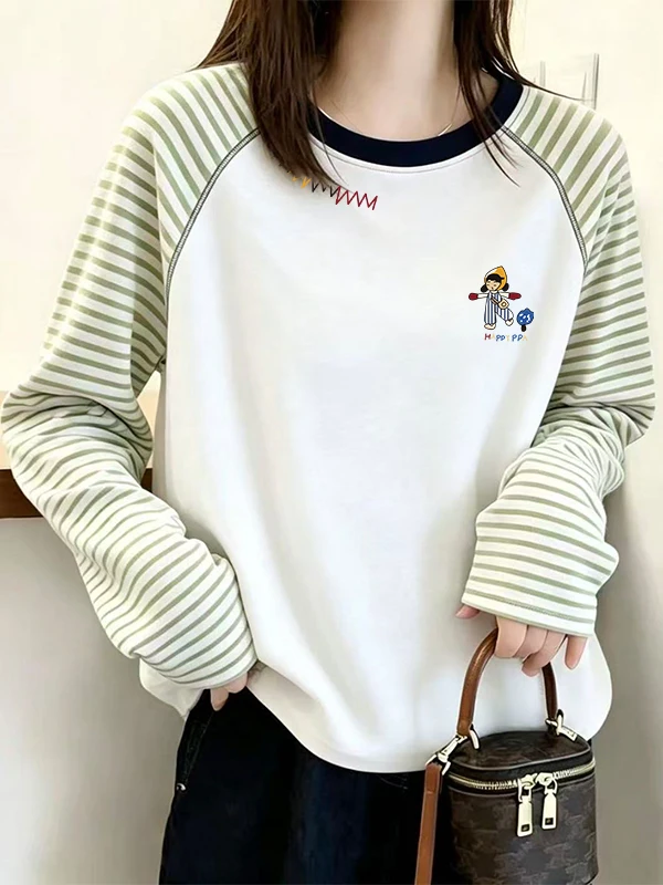 Autumn Winter Loose Fit Women's Hoodie Long Sleeve Color Block Striped Design Comfortable Slimming Cartoon Velvet Top
