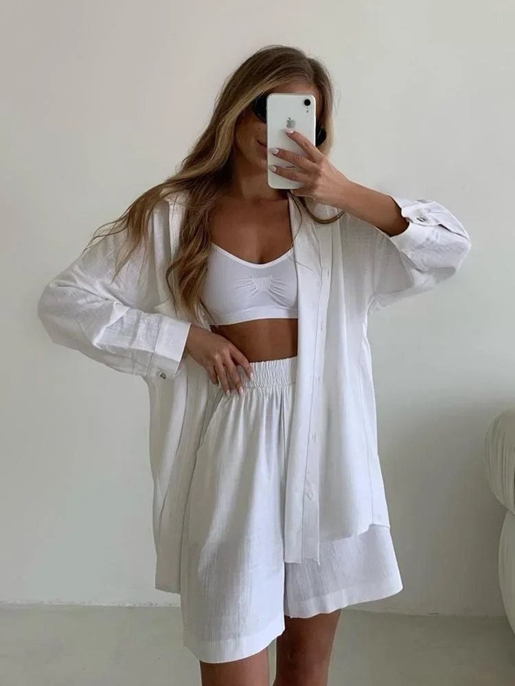 Cotton and Linen Shirt Shorts Sets Summer Fashion Solid Two Piece Set for Women Long-sleeved Shirt and Shorts Women\'s Suit