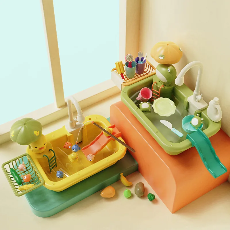 Children'S Kitchen Toy Girl Play House Little Frog Yellow Duck Dishwasher Electric Cycle Water Sink Dish Basin Birthday Gift