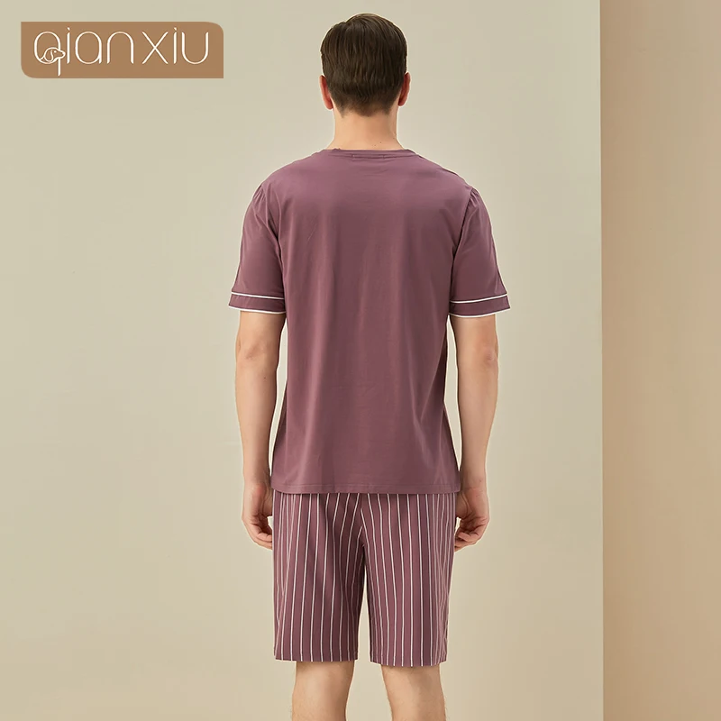 Summer New Men\'s Cotton Solid Color Short Sleeve Round Collar Top Stripe Shorts Home Set Simple  Sleepwear Home Suit