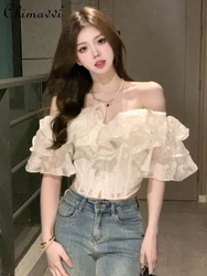 Summer 2024 French Style Fishbone Ruffled Temperament Sexy Crop Top Women Sweet Casual Slim Fit Sleeveless Off-Shoulder Shirt