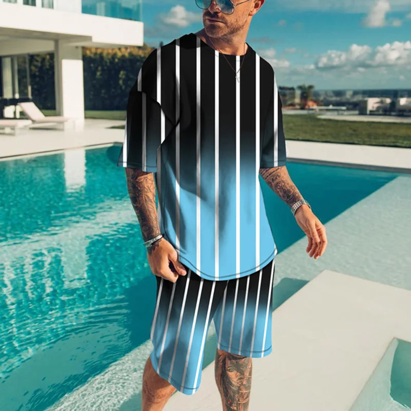 Summer men\'s new two-piece beach short sleeved shorts casual black and white checkered print simple and fashionable outdoor men\'