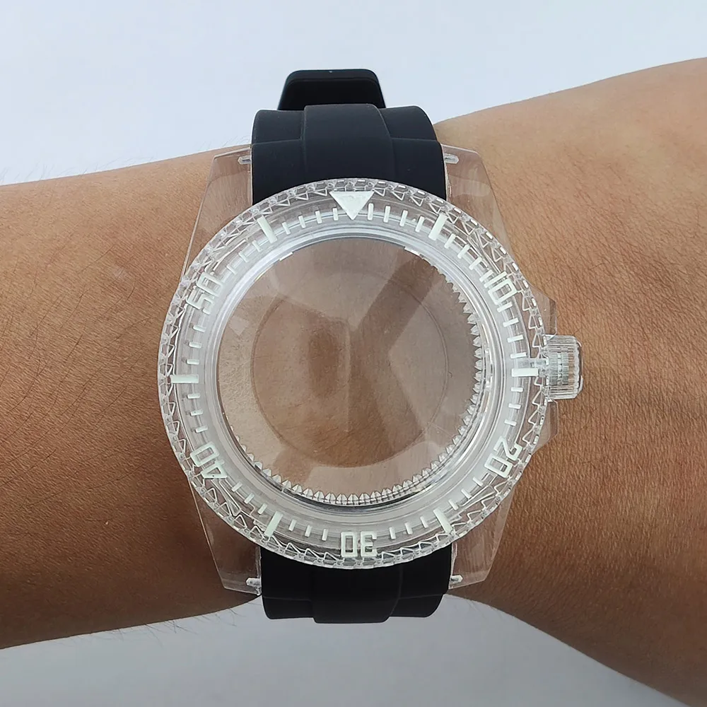 Boîtier de montre Transparent 40mm, ensemble de bracelets de montre 20mm, boîtier en plastique acrylique lumineux vert pour mouvement NH35/NH36/NH34, bracelet en caoutchouc