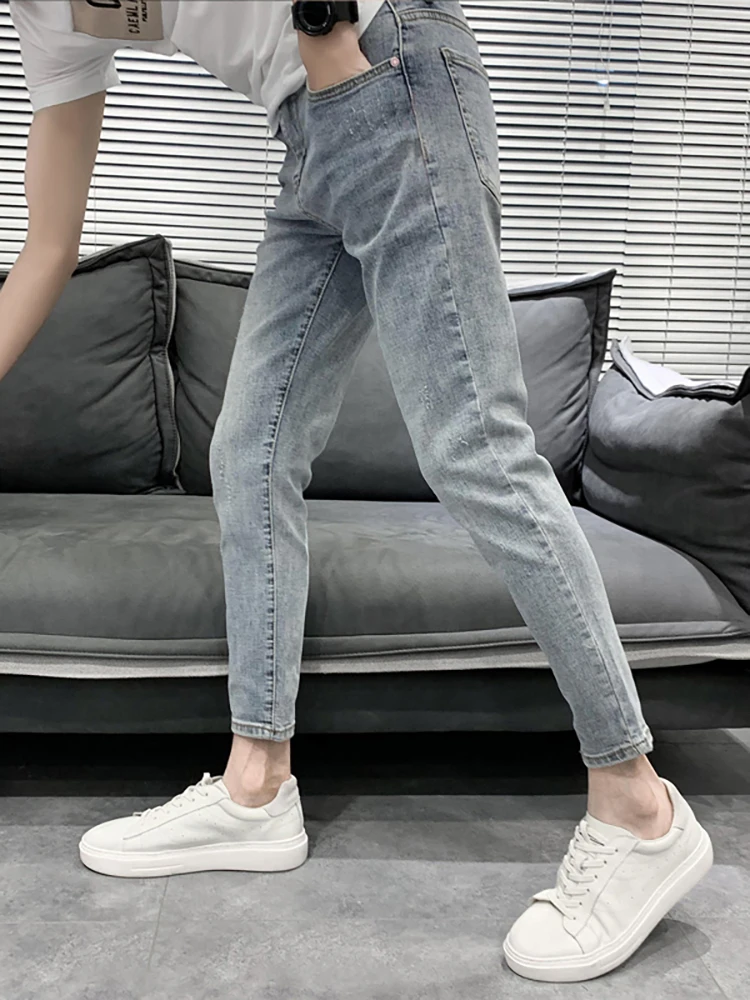 

Мужские джинсы Light Wa, облегающие, эластичные, в корейском стиле, модные, тонкие, укороченные, для весны и осени, повседневные, молодежные