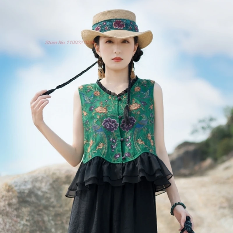 

2025 национальная цветочная вышивка, китайский кружевной лоскутный жилет, традиционный жаккардовый народный жилет, восточный ретро-куртка без рукавов, жилет