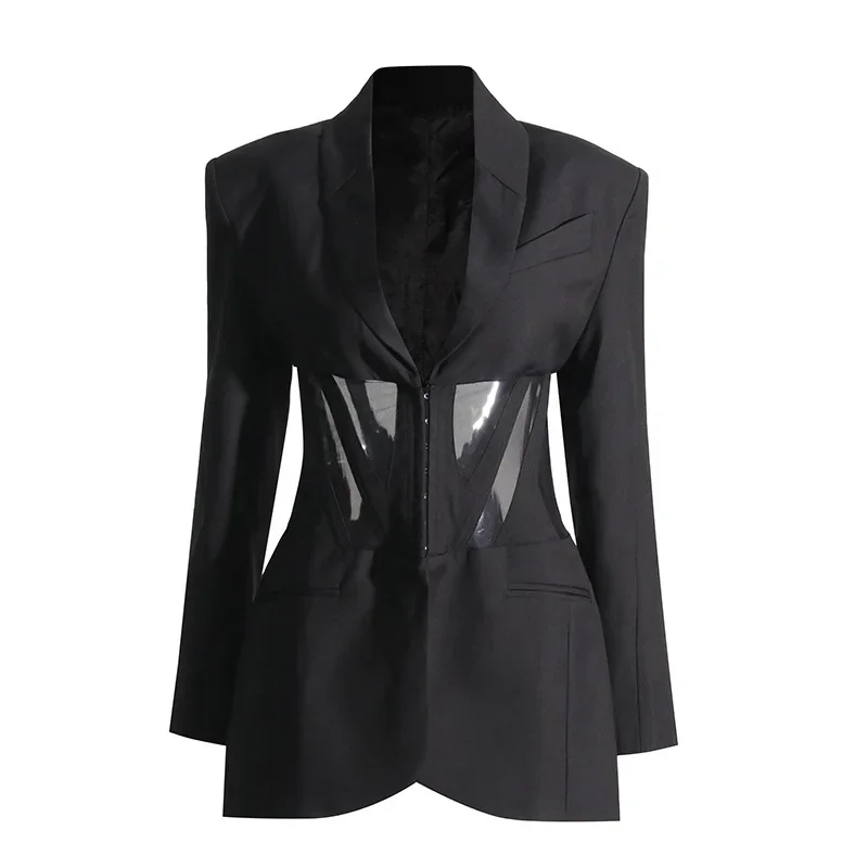 

SuperAen 2024 Spring Autumn New High Waist Mesh Splicing Perspective Design Blazer Suit Black Hollow Jacket