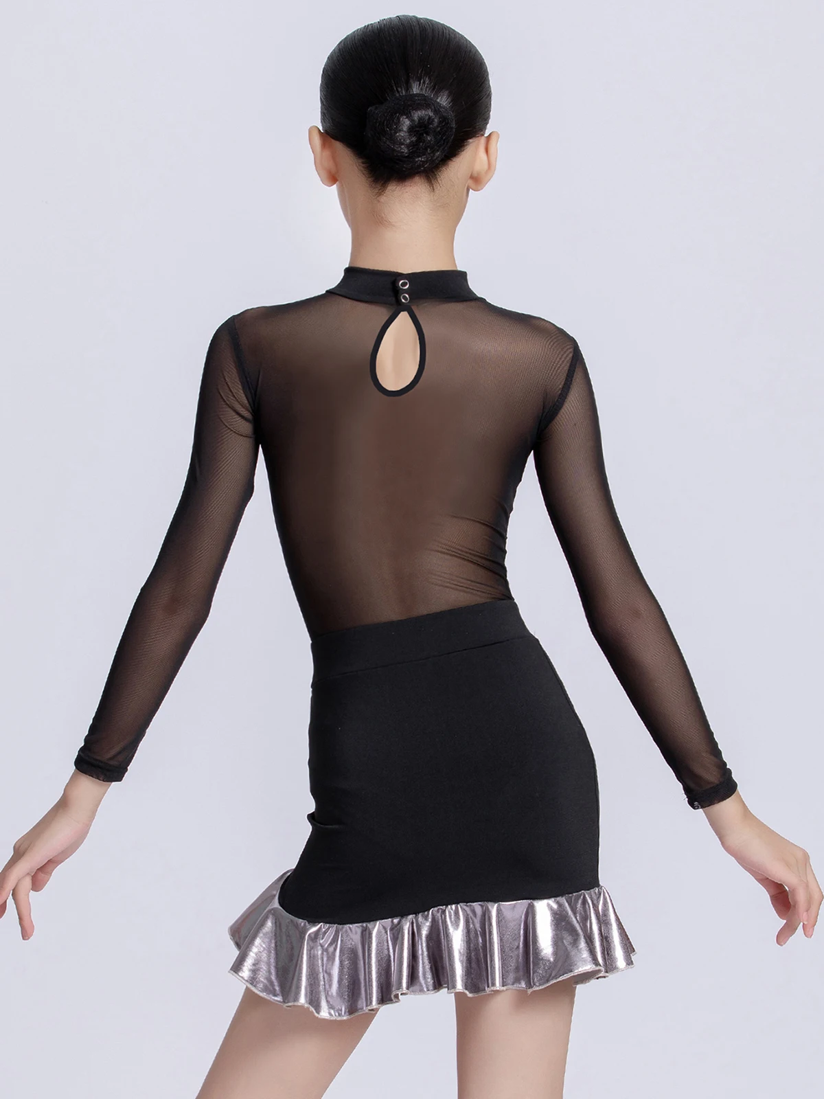 Kinderen Latin Dance Training Kostuum Kinderen Meisjes Mesh Body met lange mouwen en Plooirok Chacha Samba Competitie Danskleding