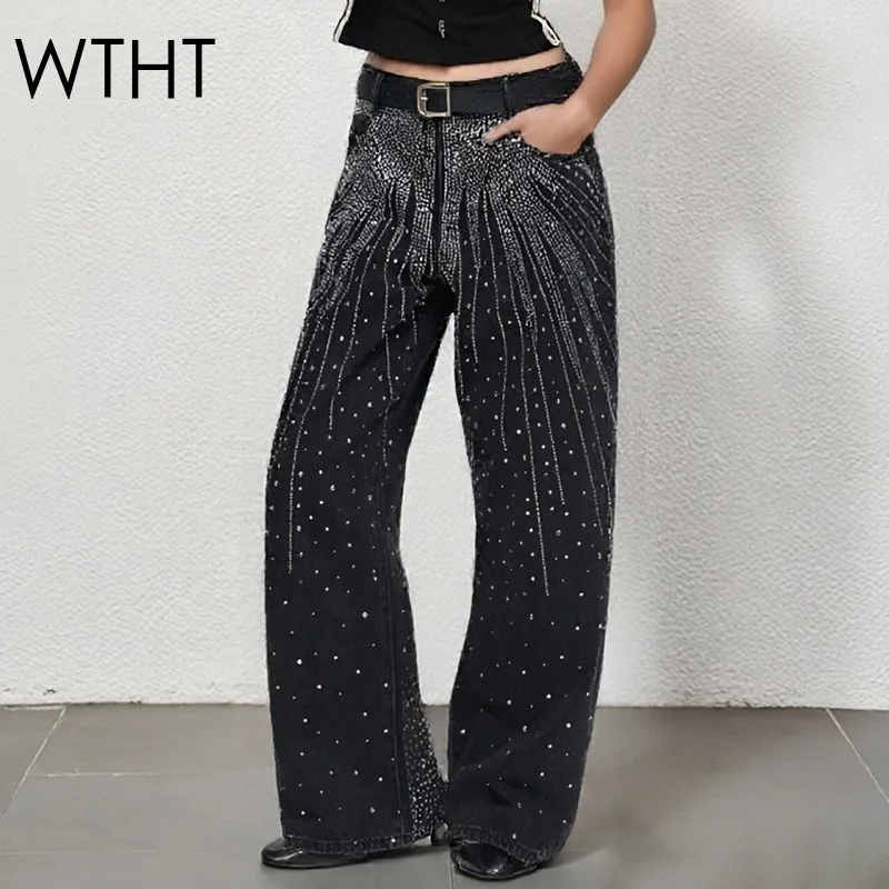 

WTHT New Trendy Women Striped Diamonds Design Straight Jeans 2025 Summer Fashion High Waist Wide Leg Denim Pants Female 1LS2149