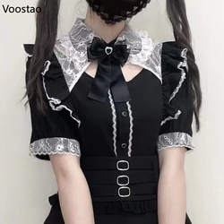 Japanese Gothic Lolita Shirts Y2k Aesthetic Women Harajuku Lace Bow Short Sleeve Blouses Clothes Girls Kawaii Punk Blusas Tops