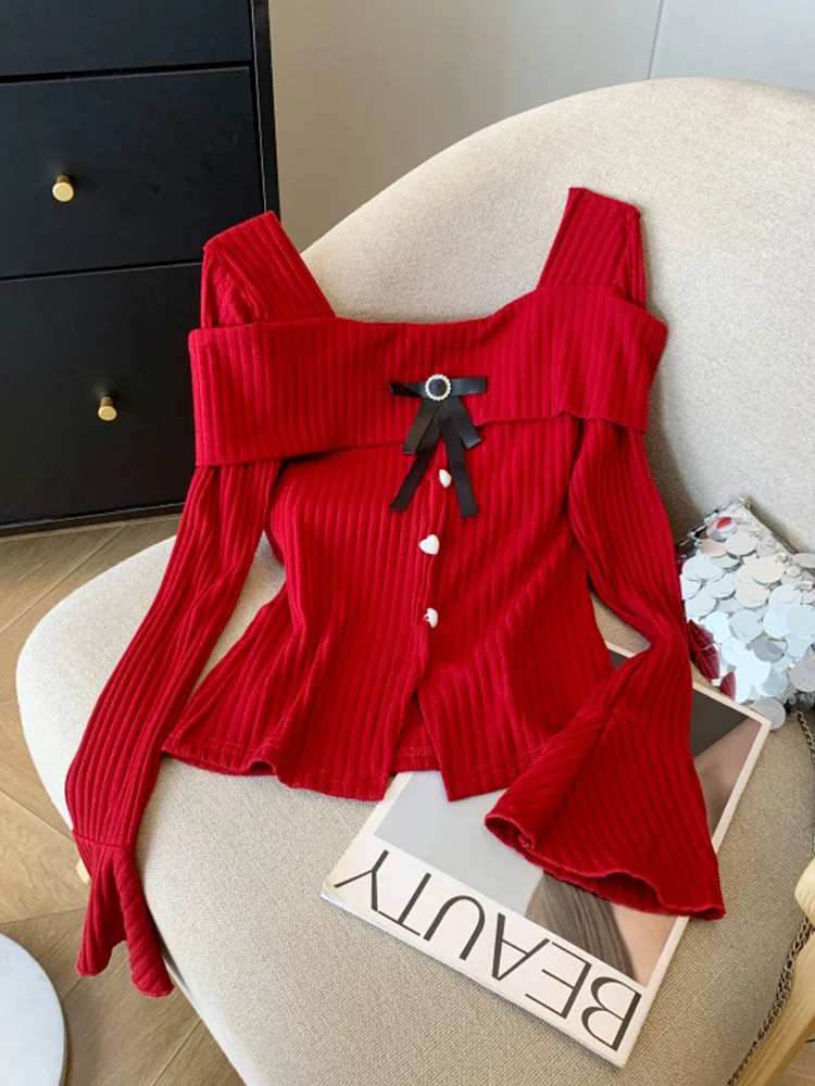 French Elegance Square Collar Sweet Bow t-shirt autunno 2024 Flare Sleeve Design Slim top moda donna di alta qualità Cozy Tees