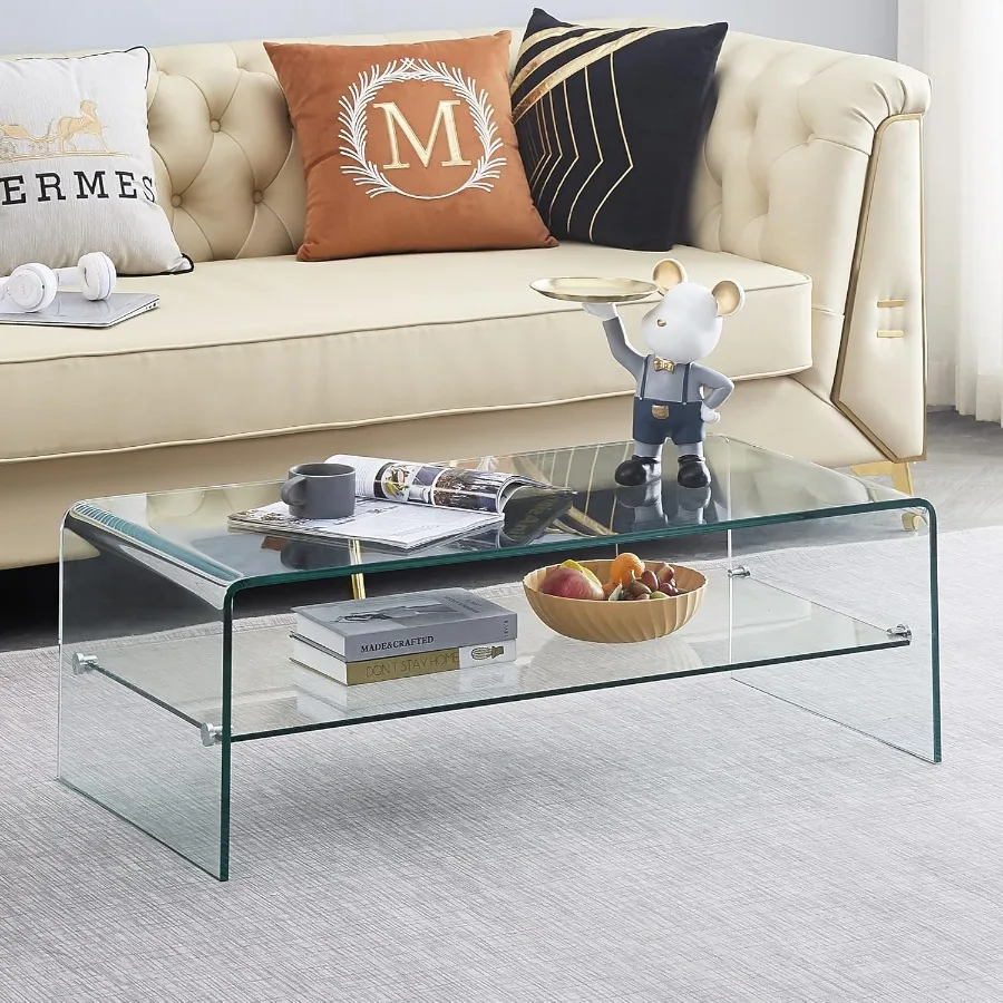 Clear Coffee Table Modern 2Layer Storage Waterfall Tempered Glass Coffee Tables for Living Room Easy to Cleand Safe Rounded Edg