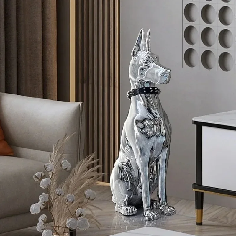 Luxury Chrome Doberman Floor Sculpture， Large Electroplated Dog Statue, Modern Art Decor for Home Entryway